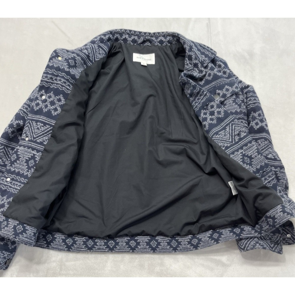 Sun + Stone Bomber Jacket Men Medium Navy Aztec Print Lined Flap Pocket Flannel - Picture 2 of 16